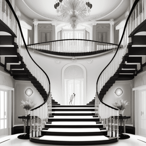 AI generated: Create a mega mansion foyer. Add a double helix stair case. Illustrate the expansiveness of the mans...