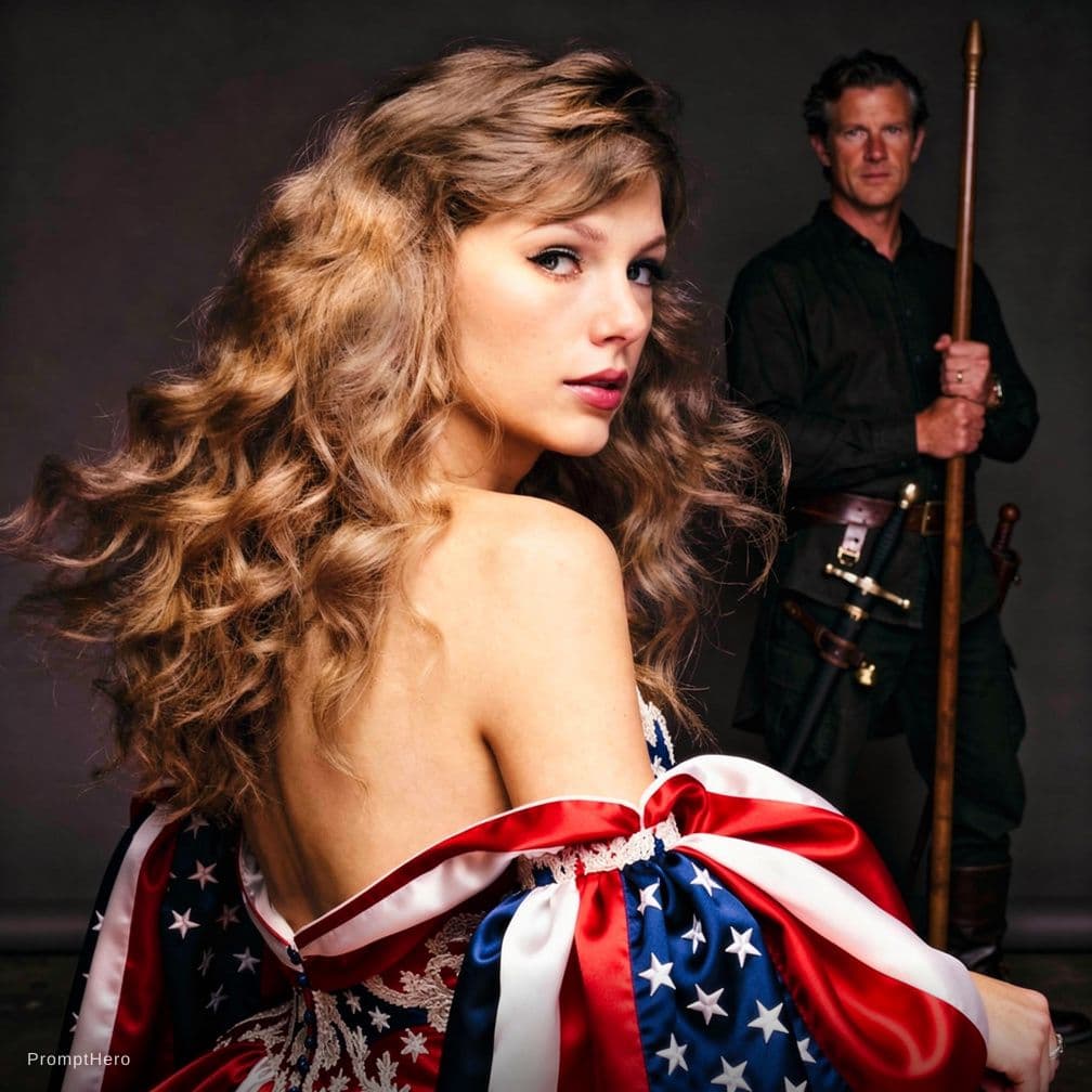 AI generated: Taylor swift with a man behind her, holding a stick, with an American dress, and a sword.