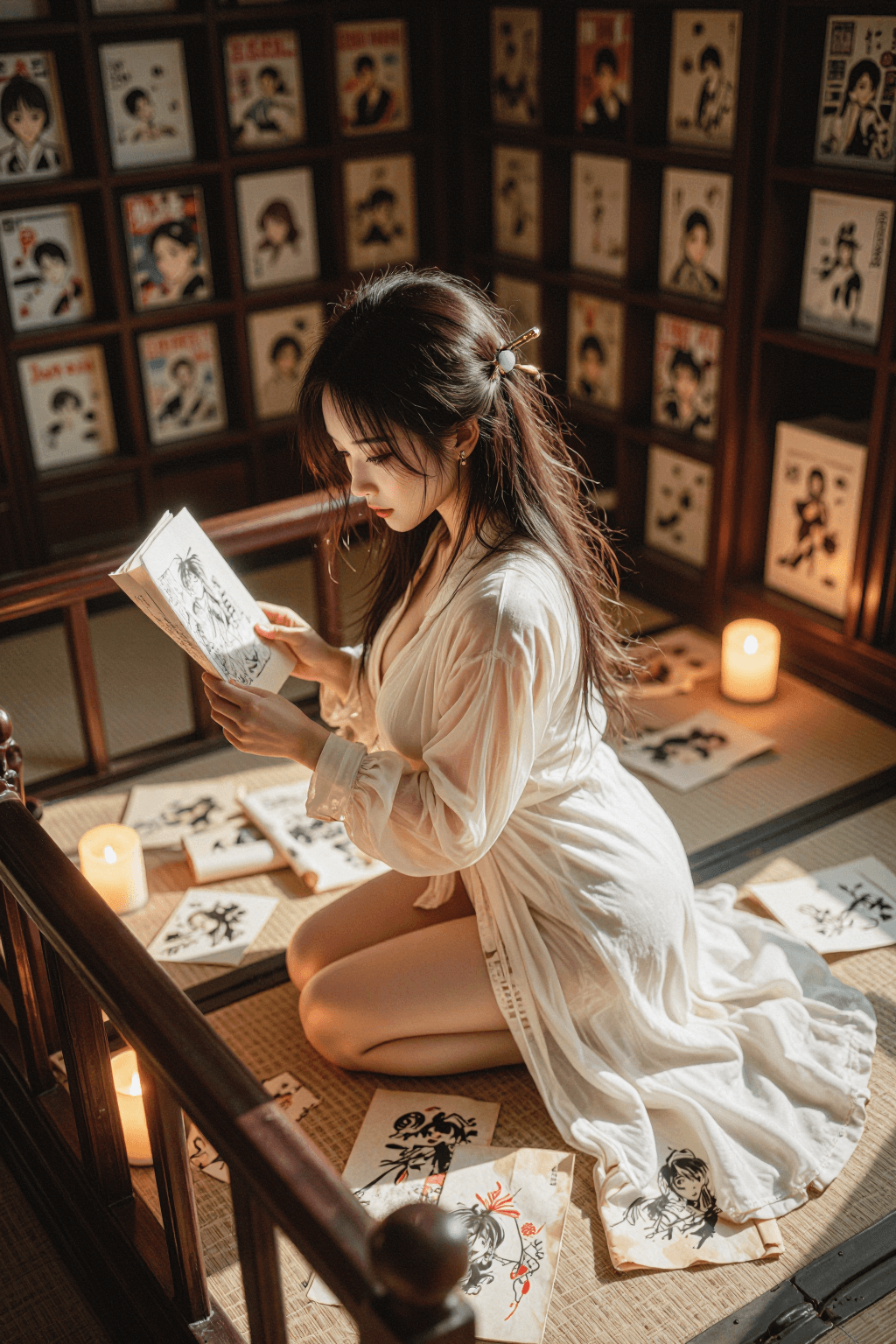 AI generated: The Imperial Scroll Archive (Pensive & High-Angle)
a. Shooting Angle & Pose: High-angle shot looking...