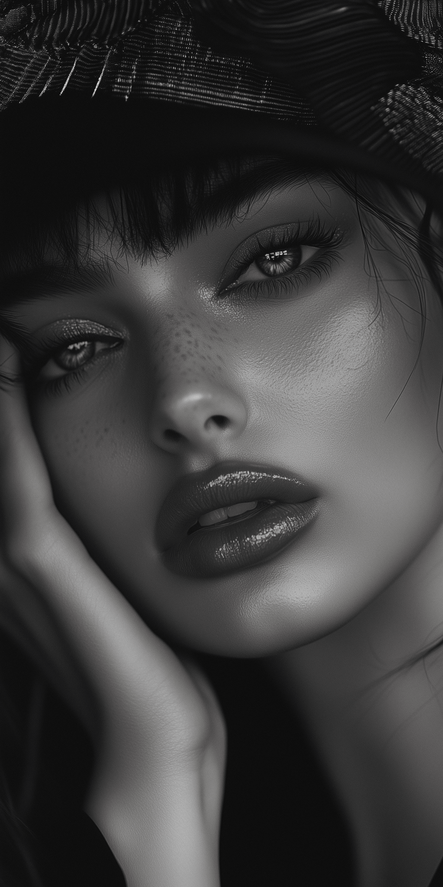 AI generated: Black and white portrait of the most beautiful supermodel in the world, with hand on face, posing fo...