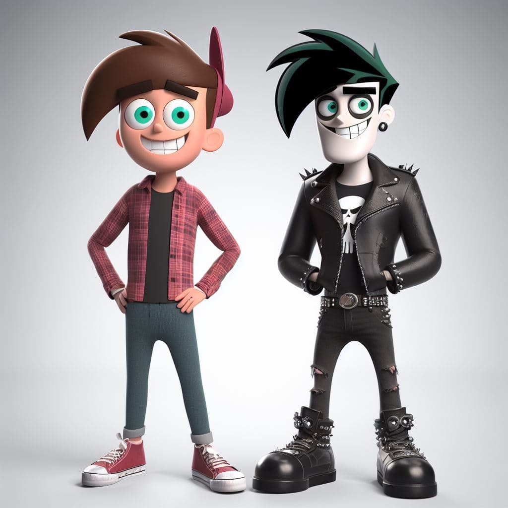 AI generated: Timmy from Fairly Odd Parents standing next to Danny Phantom. Both of them are smiling and wearing h...