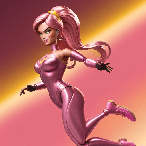 AI generated: A BARBIE IN A PINK METALLIC BATMAN STANDS IN A RUNNING POSE IN A YELLOW AND RED RISING SUN BACKGROUN...