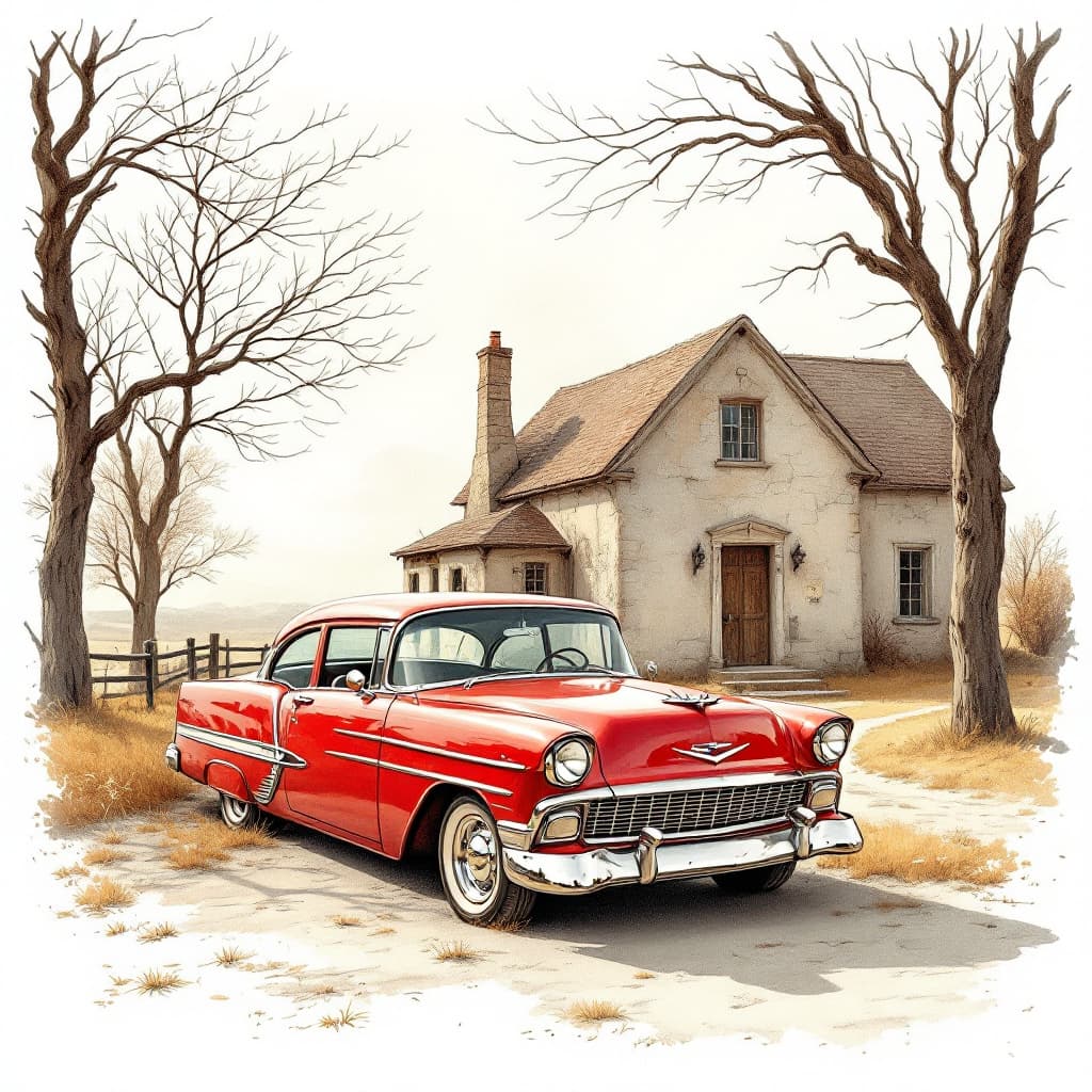 AI generated: A crimson red vintage Chevrolet car parked next to a weathered stone farmhouse on a sunny country ro...