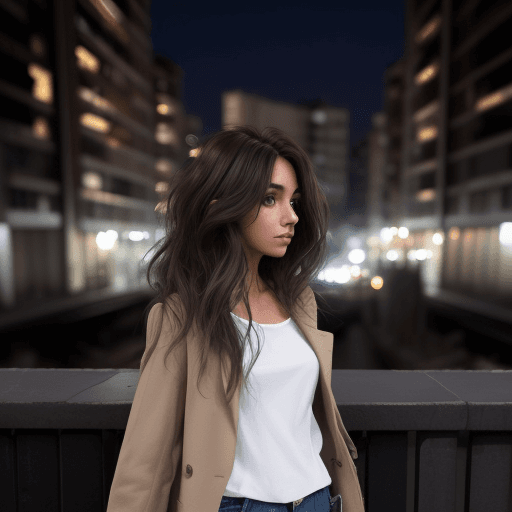 AI generated: una modelo vestida con ropa casual, cabello largo rizado, en fondo de una ciudad en la noche, destel...