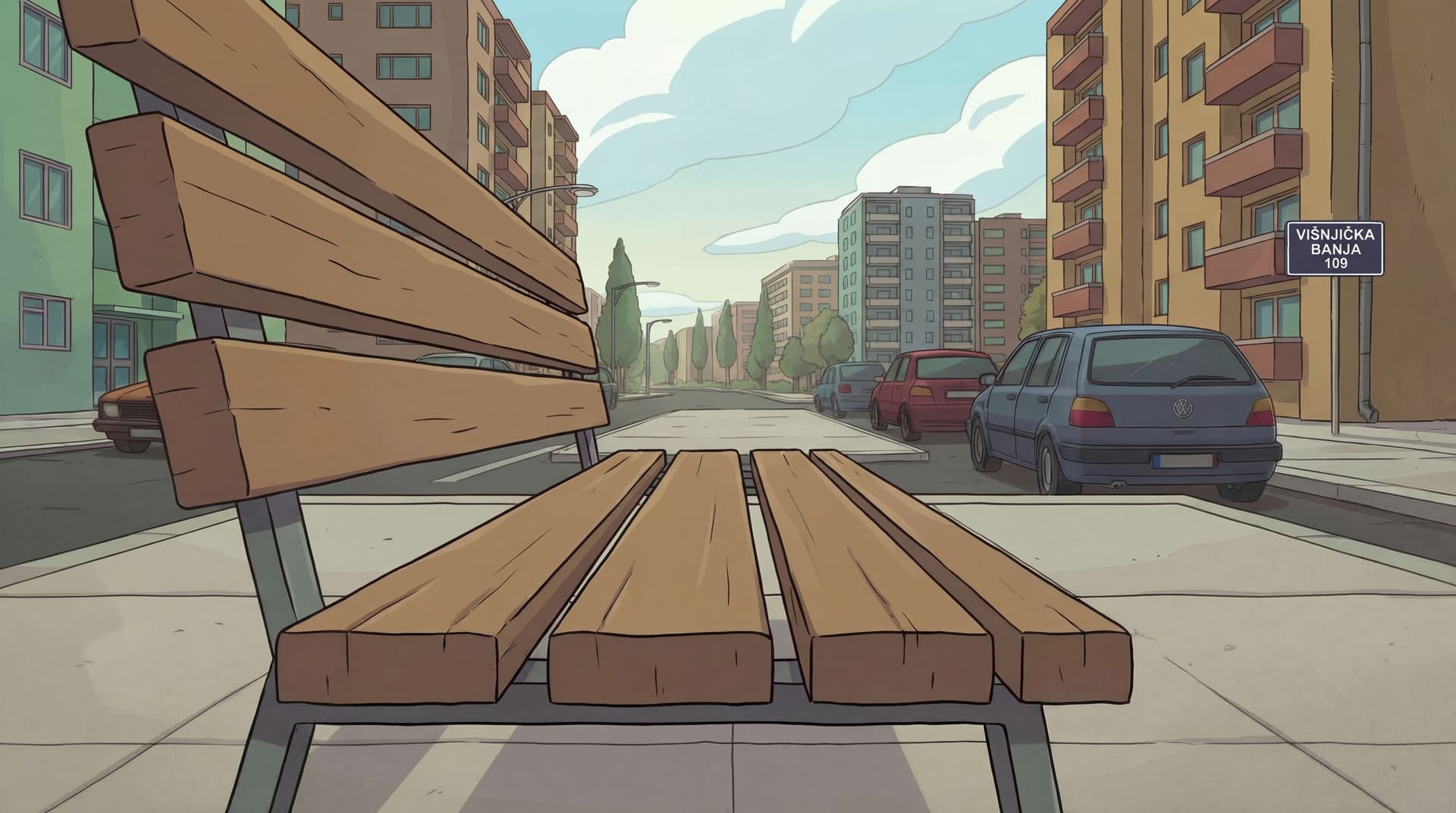 AI generated: create a full pavement walk road buildings up close.