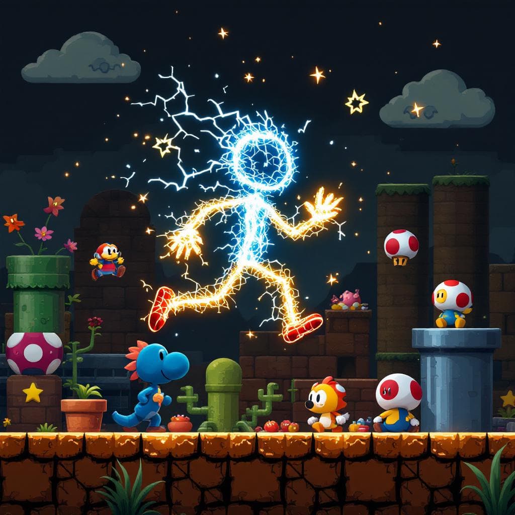 AI generated: a stick man made out of electricity sparks dancing in a mario bothers 2d environment. the background...