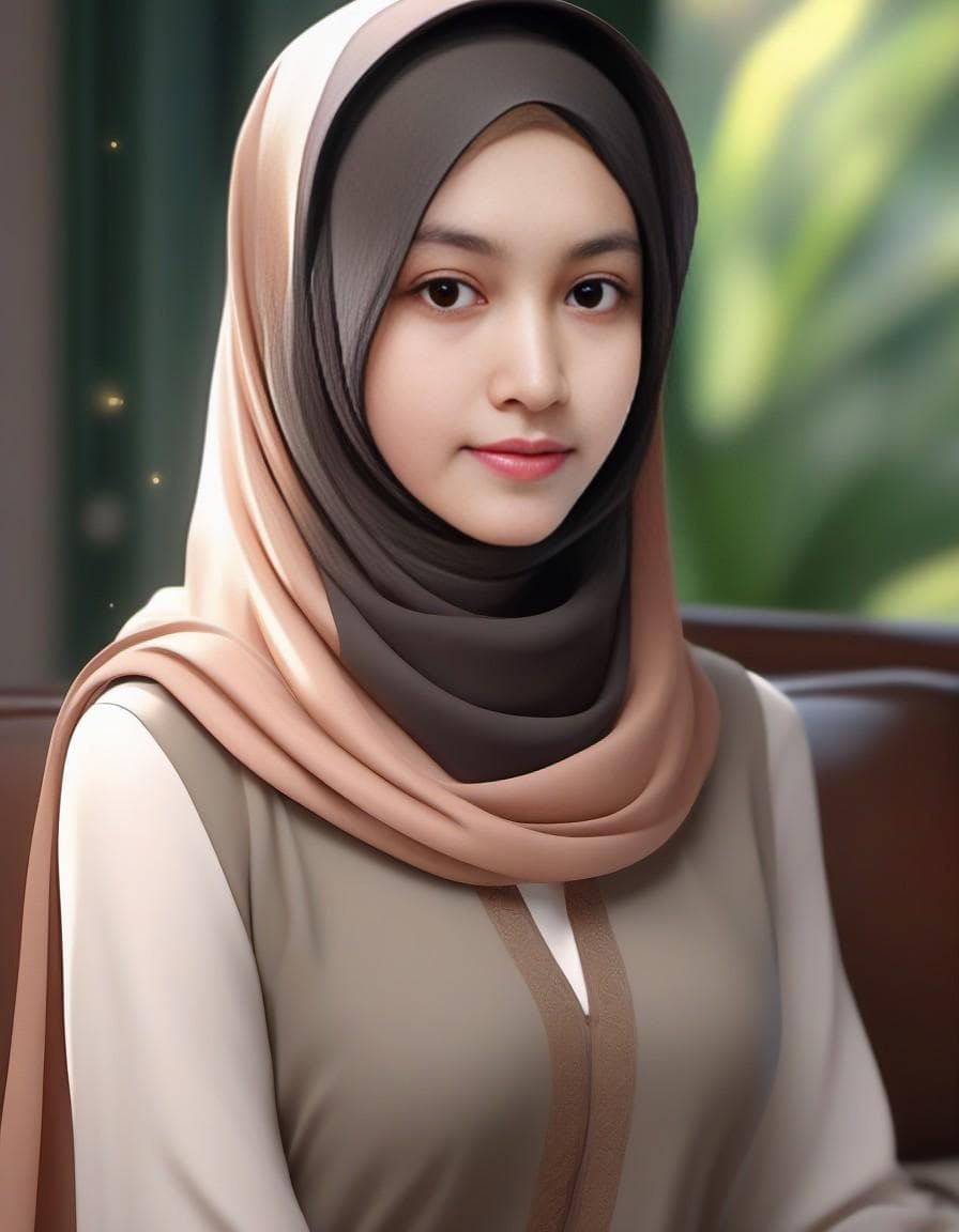 AI generated: color oil painting, a Indonesian woman (((wearing a hijab:1.8))), wearing a black baju kurung, the b...