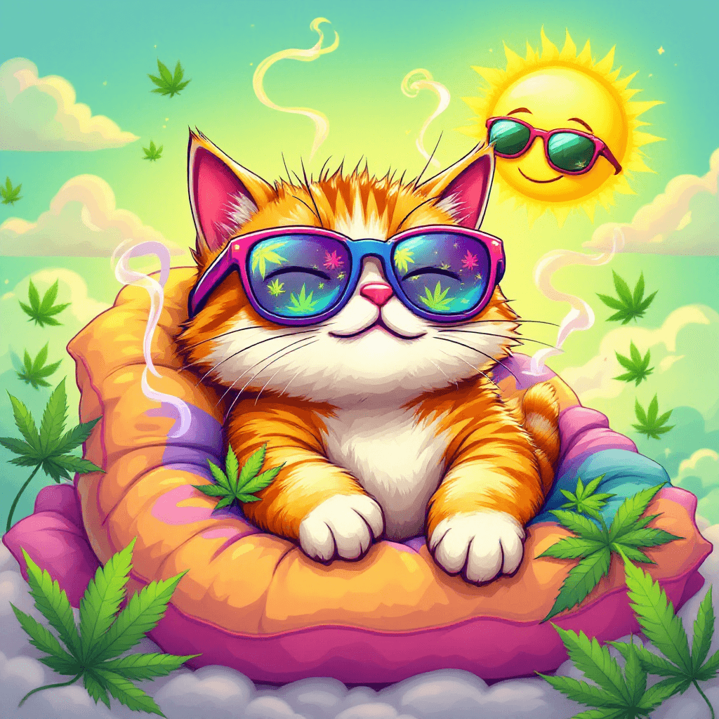 AI generated: Design a playful cartoon cat lounging in a vibrant, whimsical setting. The cat should have a goofy, ...