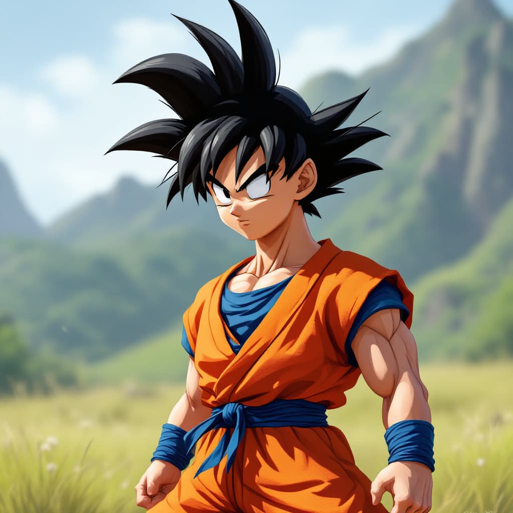 AI generated: Stable Diffusion model, 
A full-body realistic portrait of Son Goku from the first episode of Dragon...