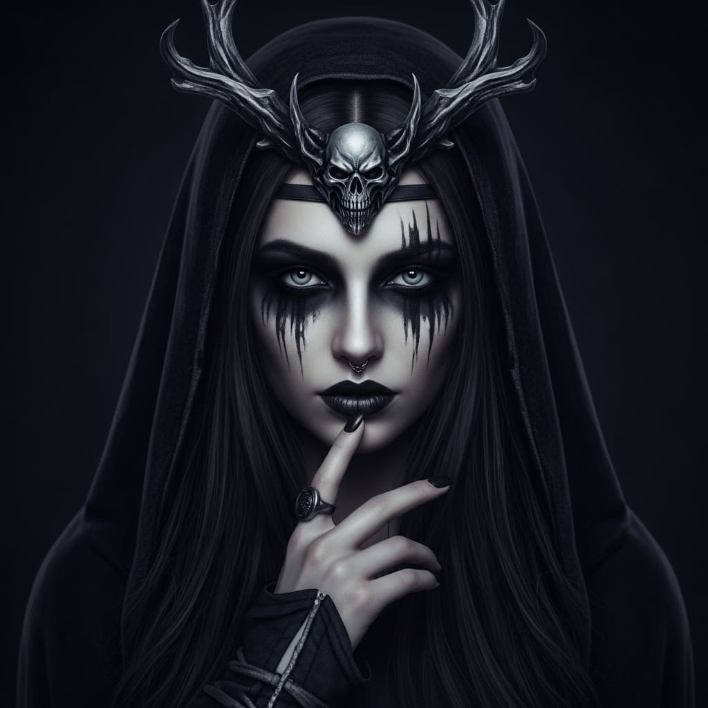AI generated: Design a photorealistic portrait of a woman with dark makeup and makeup art,set in a dark concept ar...