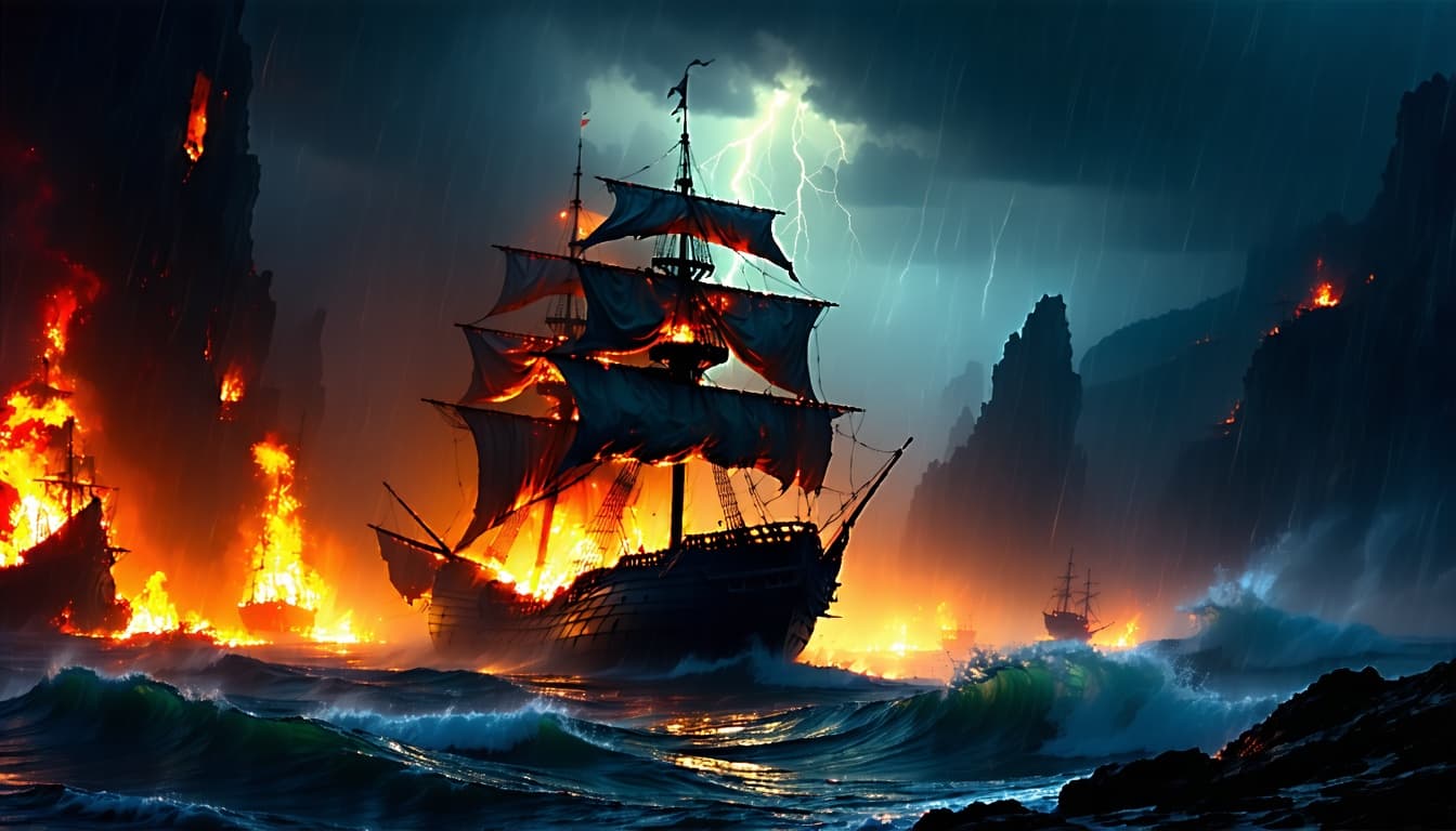 AI generated: Epic dark-fantasy scene of a cursed ghost galleon on violent storm seas, torn shadow-sails, eerie in...