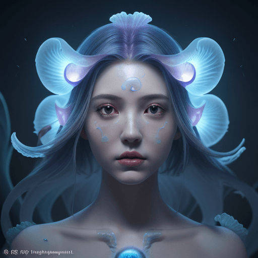 AI generated: Goddess close-up portrait ribcagel. jellyfish phoenix head, nautilus, orchid, skull, betta fish, bio...
