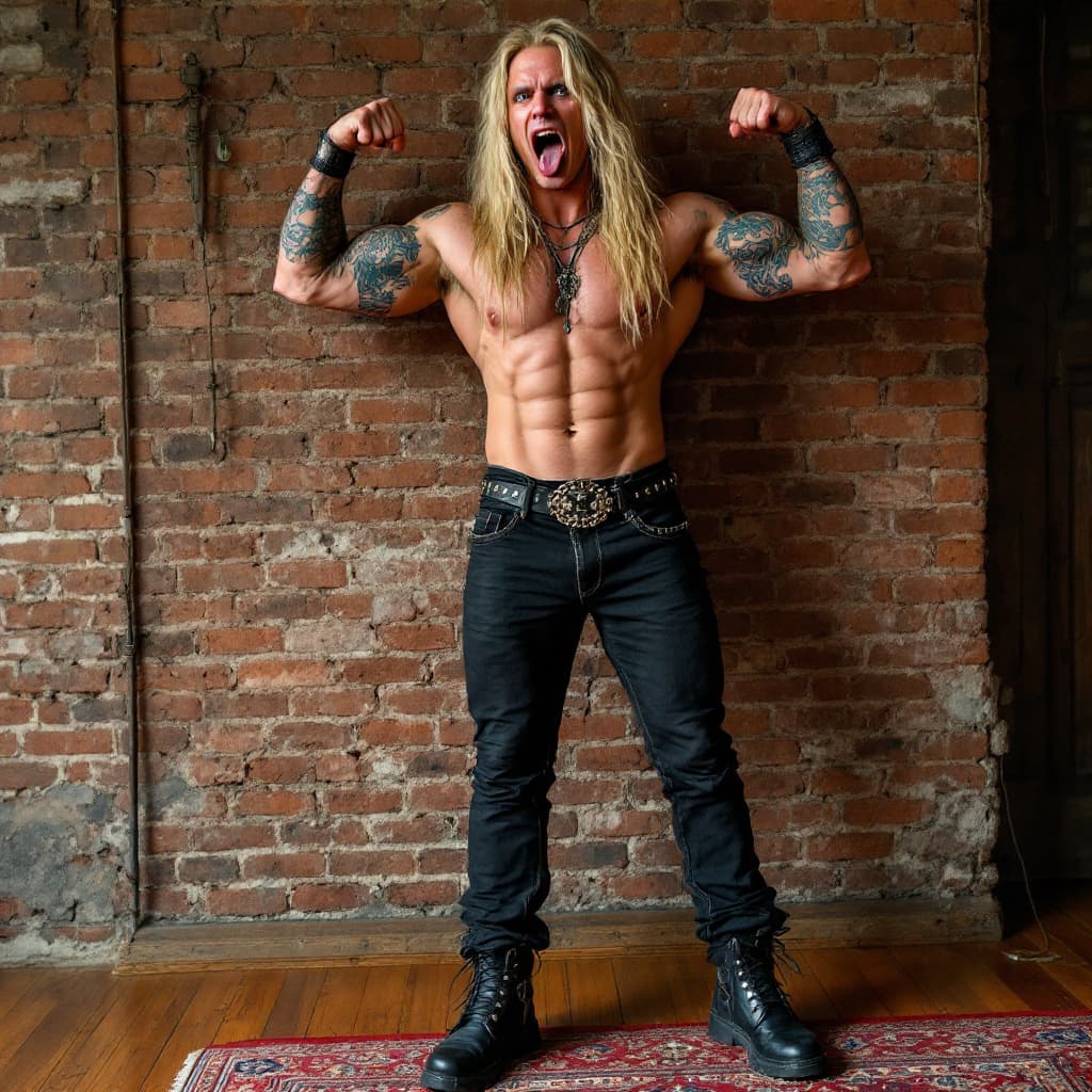 AI generated: Full body view, metal rocker, very long wavy blond hair, round face, chiseled jawline, toned muscles...