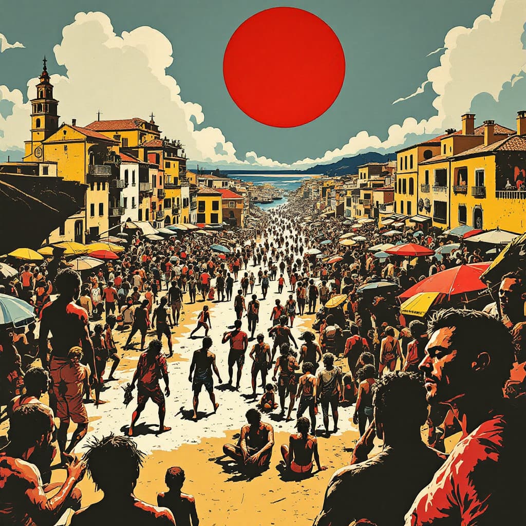 AI generated: calabria in 1970 illustration in style of Die Brücke , sunny day  beach crowded ,  emphasizing raw e...
