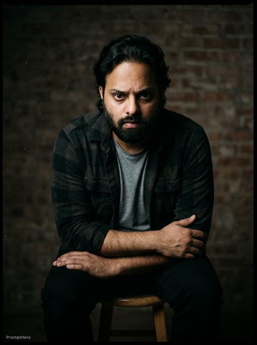 AI generated: a man with a beard sitting on a stool, low spacial lighting : :, film frame, frown fashion model, co...