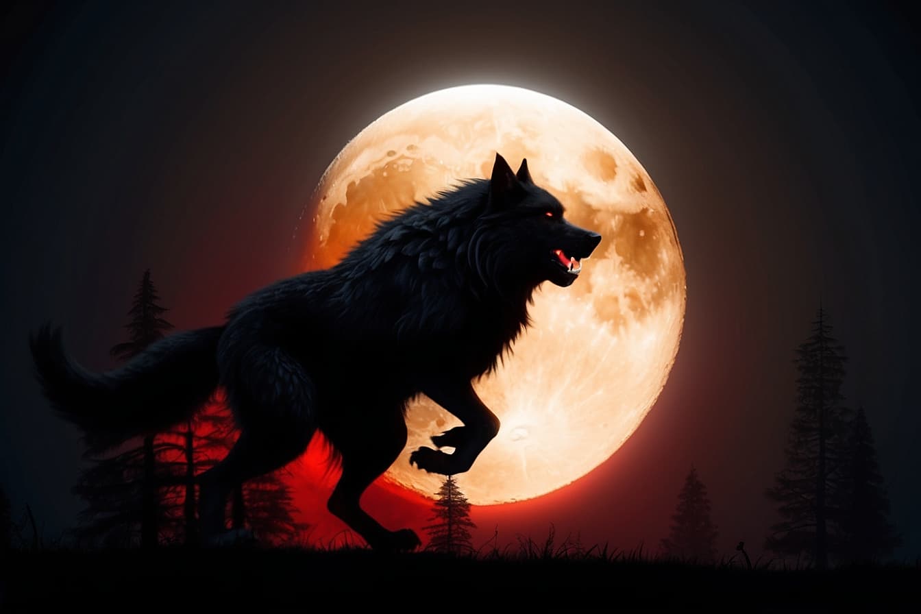 AI generated: werewolf big_muscular, glowing_red_eyes, black_fur running in the moon light
