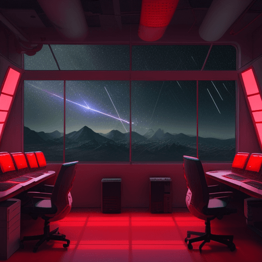 AI generated: spaceship lab, meteor rain on the window, red lights, computers