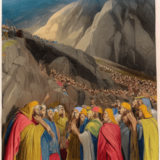 AI generated: Receiving the Tablets of the Covenant at Mount Sinai,
Moses holds the tablets on the mountain, and t...