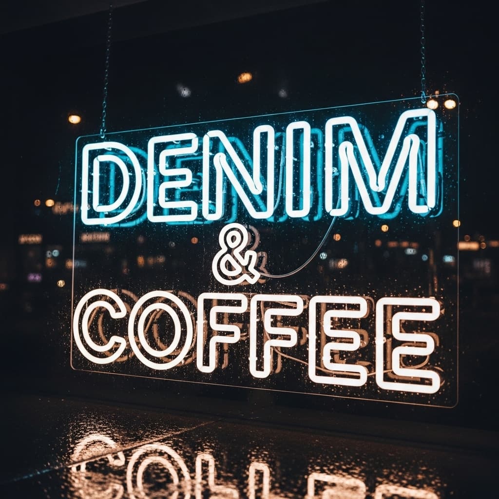 AI generated: white neon lights inspired by denim and coffee shop signs. The typography should feel bold and styli...