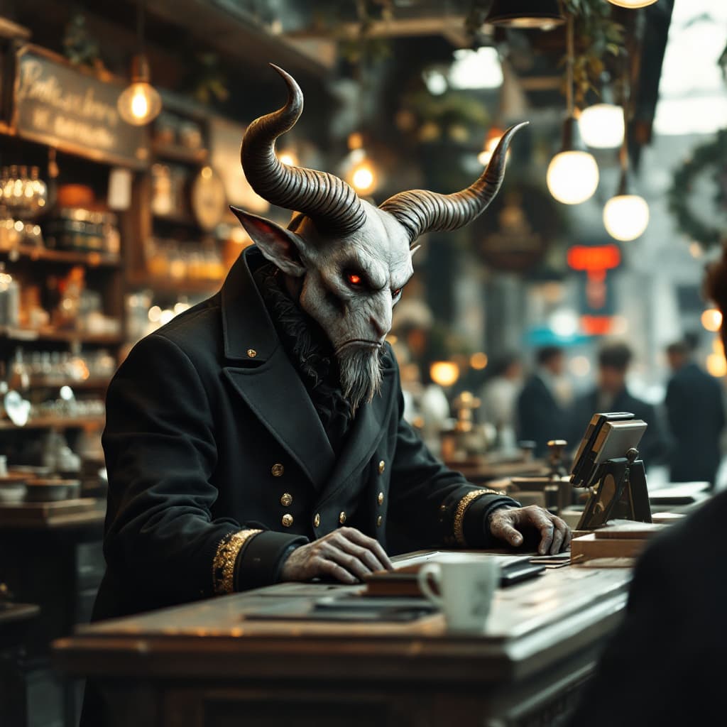 AI generated: posimas sales stand,attended by the devil,small horns,elegant european clothing,cash register,no peo...