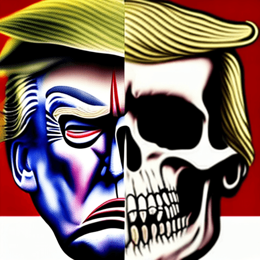 AI generated: image of donald trump with a vicious expression with his face stretched over the surface of a skull ...