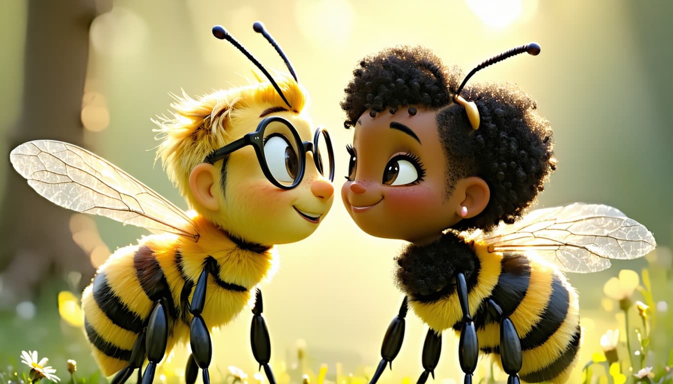 AI generated: two bees with human head looking at each other lovingly. Left bee is male bee with short blond hair ...