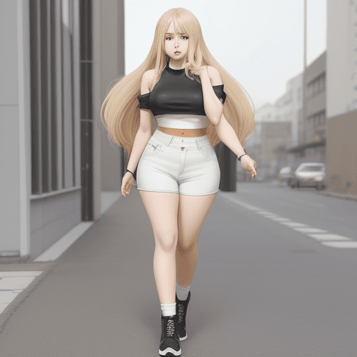 AI generated: modern fat anime girl long blonde hair crop top full body