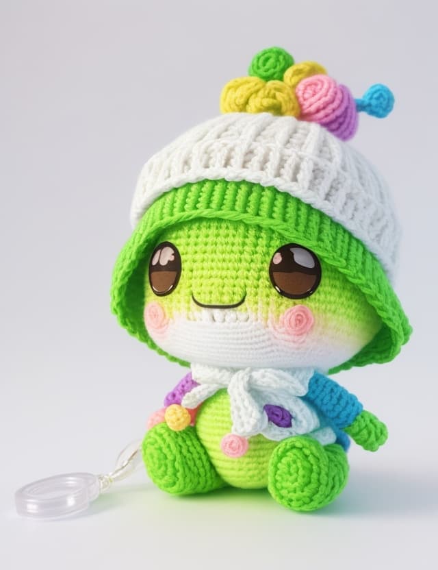 AI generated: handmade diy caractor colecttion Nendoroid style (Amigurumi chibi green and rainbow frog, dynamic co...