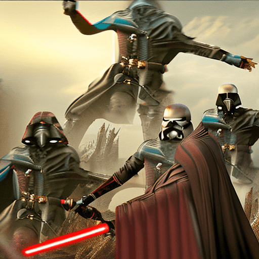 AI generated: Photo of a Star Wars character, evil Sith Jedi after massive battle, standing on top of fallen Jedi ...