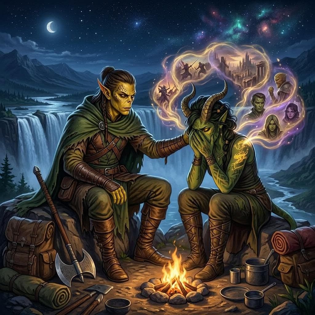 AI generated: a githzerai male ranger tries to comfort a green female tiefling that is having visions of the futur...