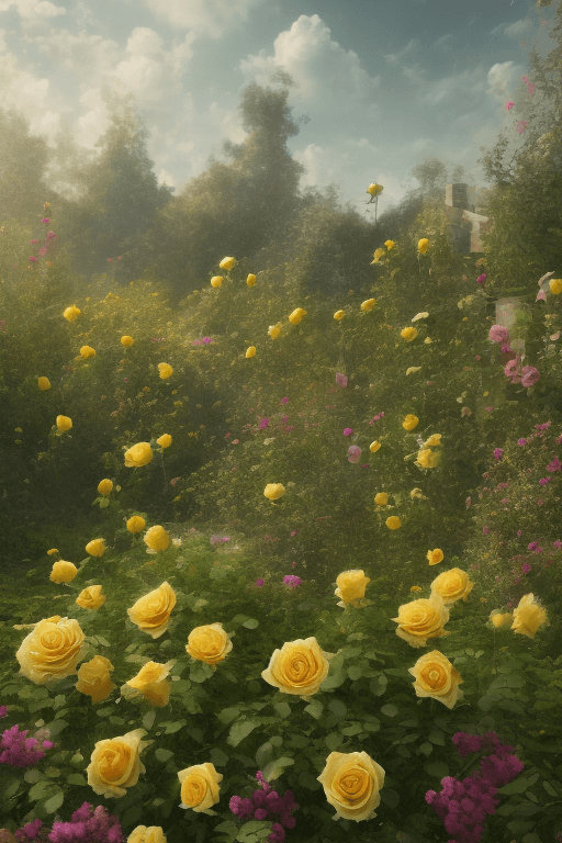 AI generated: << Garden factory, Tall factory, Many  yellow rose, A few roses, clouds, ultra wide shot, atmospheri...