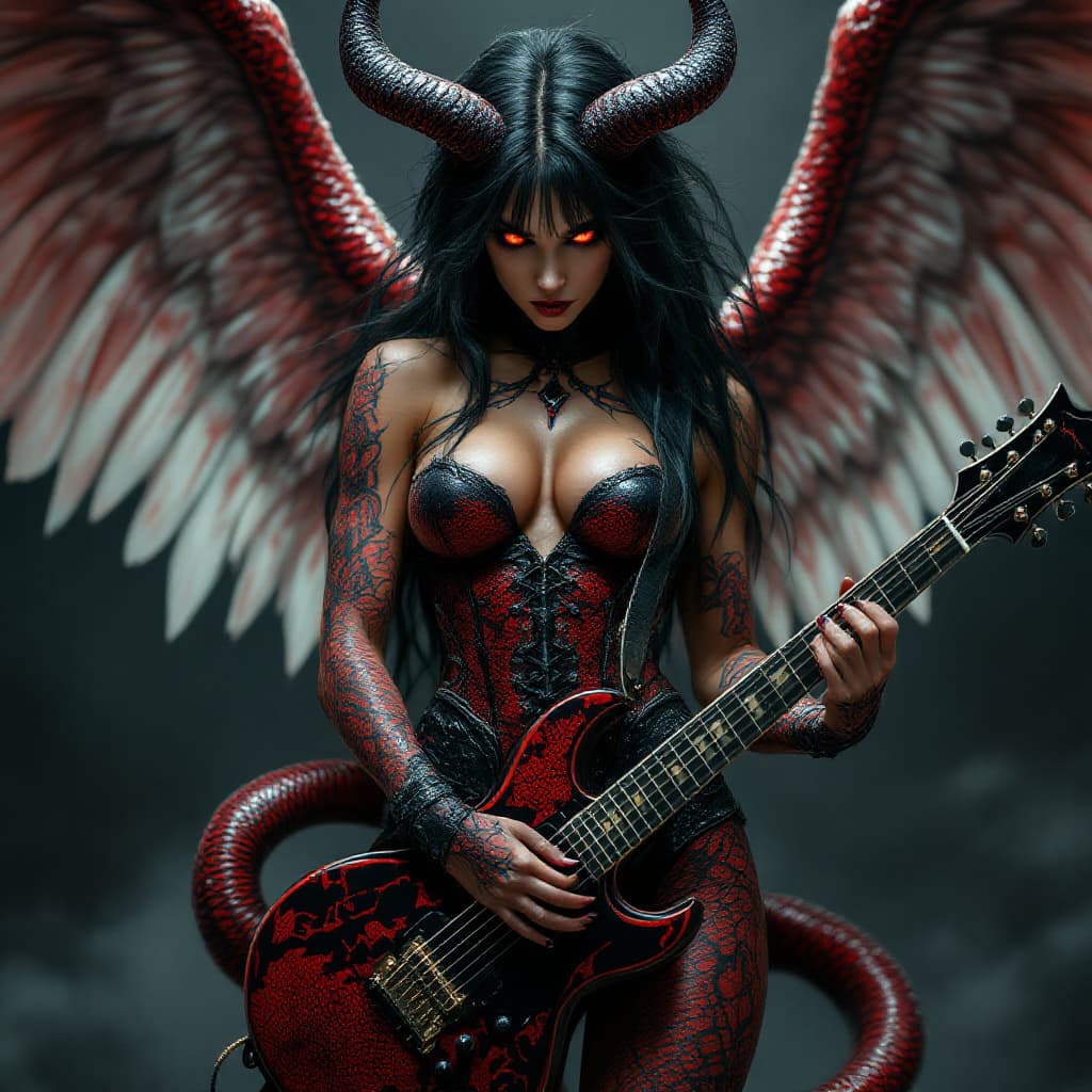 AI generated: CoverPhoto for a music magazine, A strong and athletic female angel with rippling muscles, holding a...