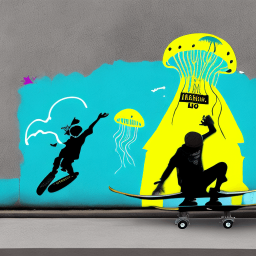 AI generated: Graphic design with a black and white boy writing "Louise" on a colorful wall painted with flying ye...