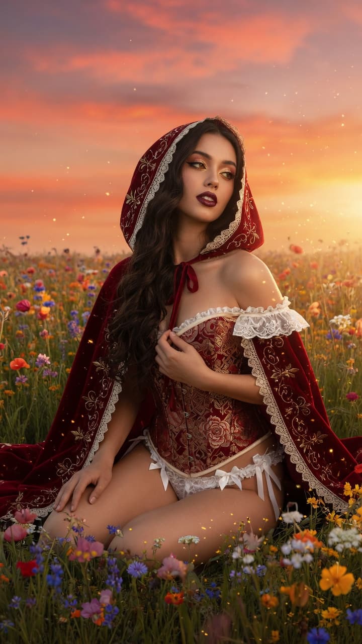 AI generated: A beautiful young woman with long wavy dark brown hair and striking makeup, wearing an ornate deep r...
