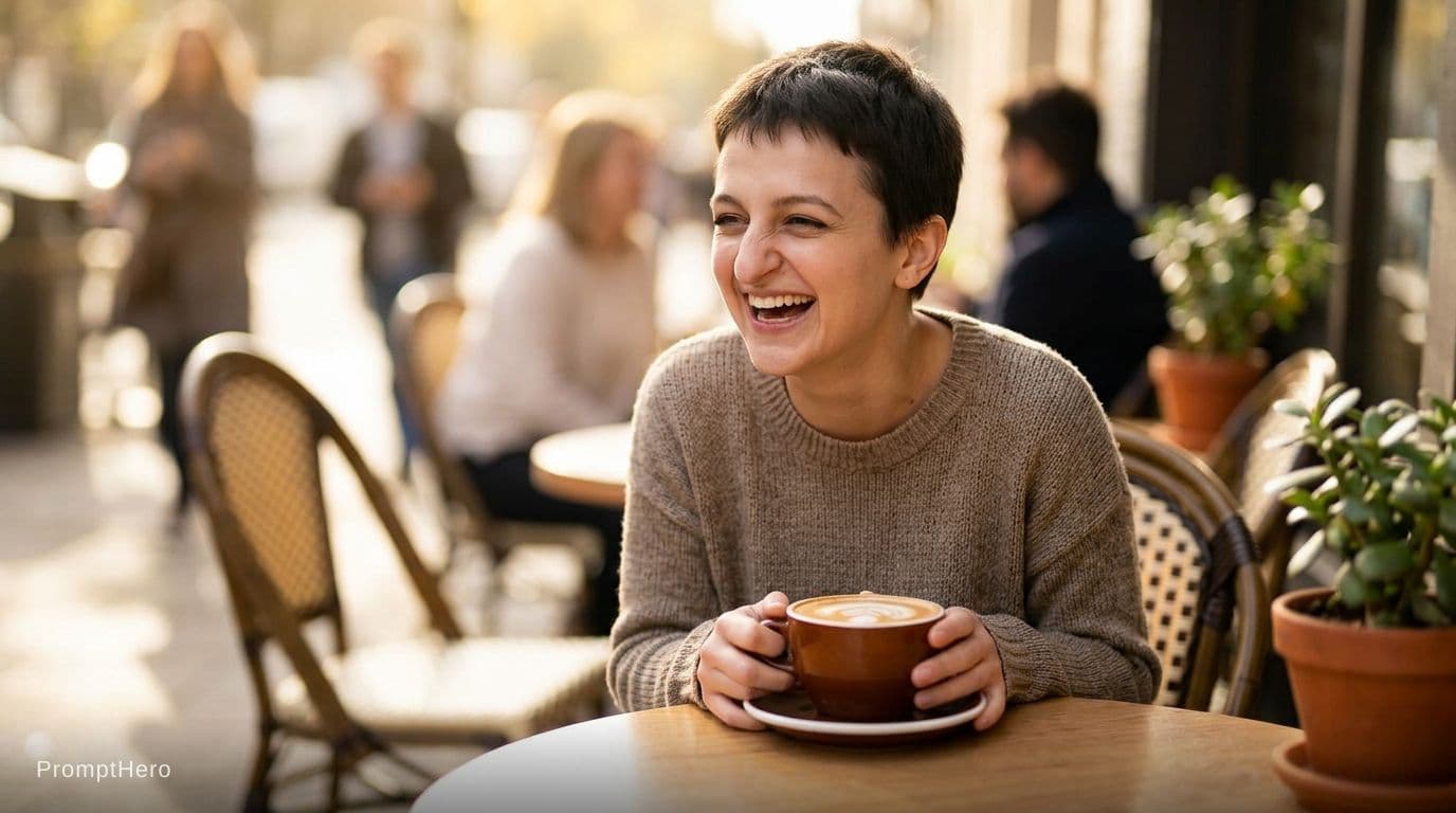AI generated: sitting at a small round wooden table at an outdoor cafe. She is laughing and holding a brown cerami...