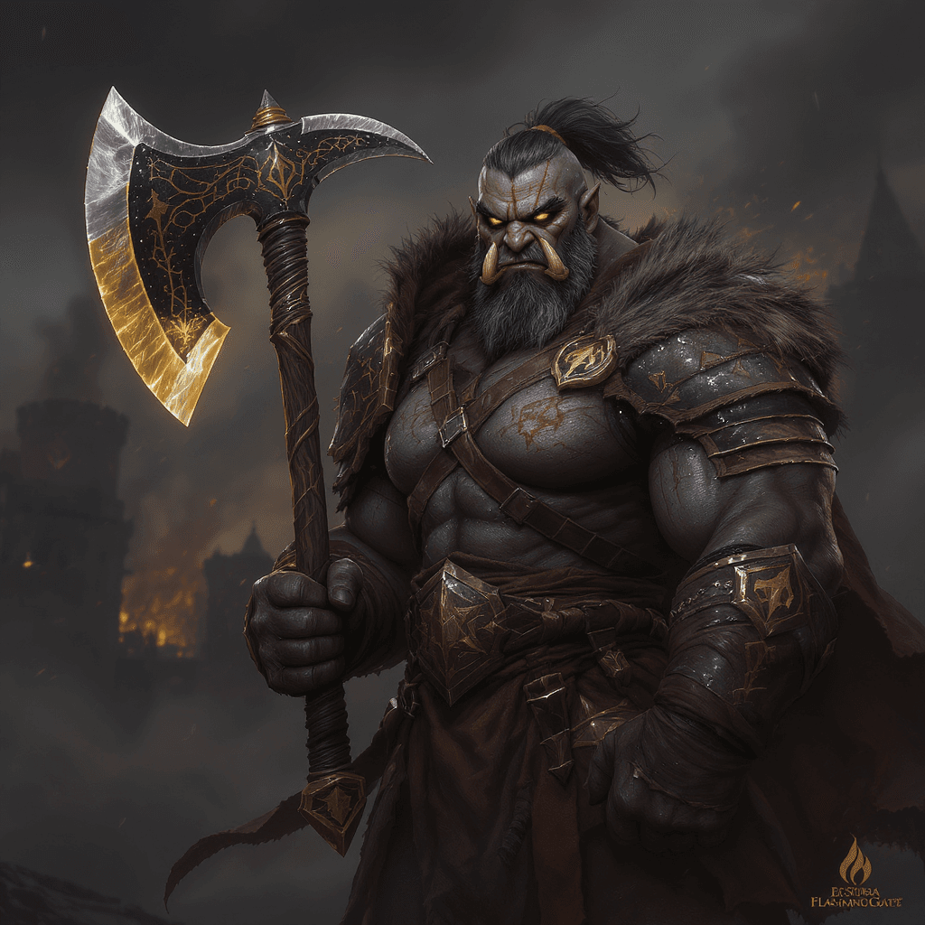 AI generated: A powerful half-orc barbarian in his 40s, weathered and battle-scarred, with graying black hair tied...