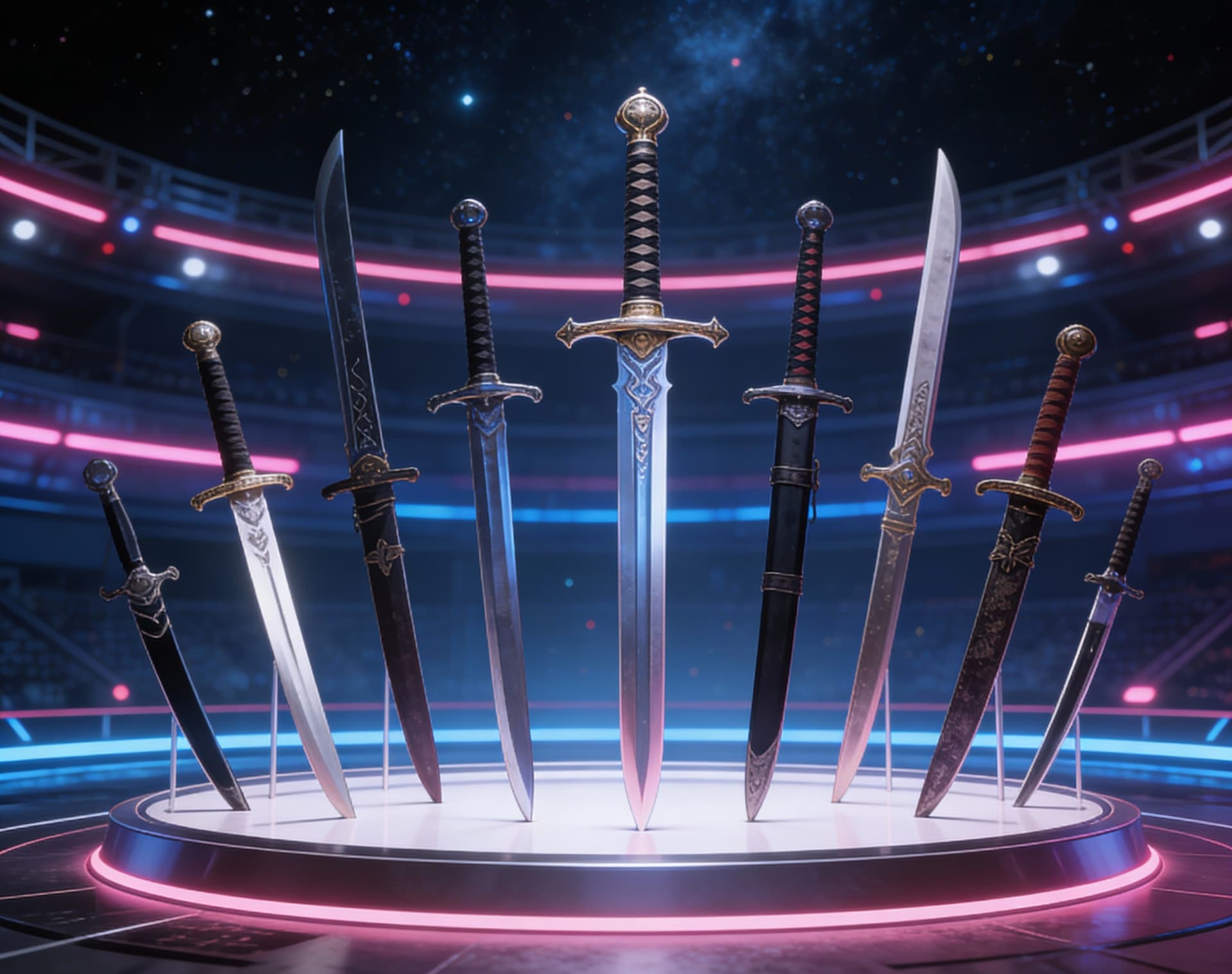 AI generated: Focus on the swords and give a display to showcase a set of swords and daggers. Unreal Engine 5 Ultr...
