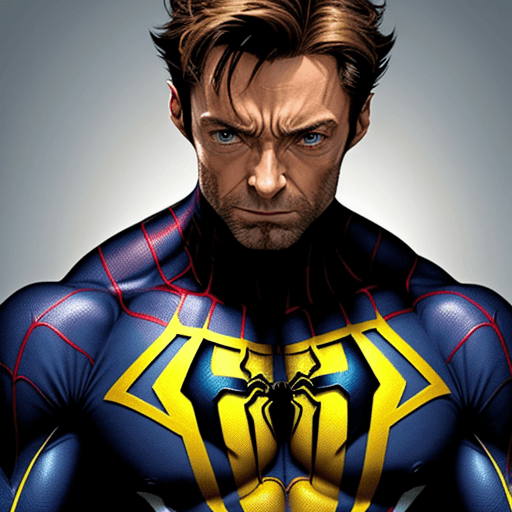 AI generated: HUGH JACKMAN IN A YELLOW AND BLUE WOLVERINE/SPIDER-MAN COSTUME