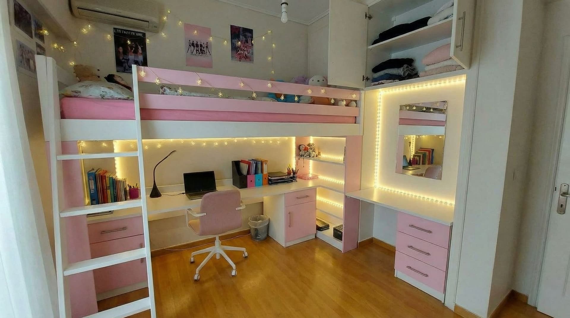AI generated: extend the bed and desk constuction of this picture inside the closet on the right. Add a desk chair...