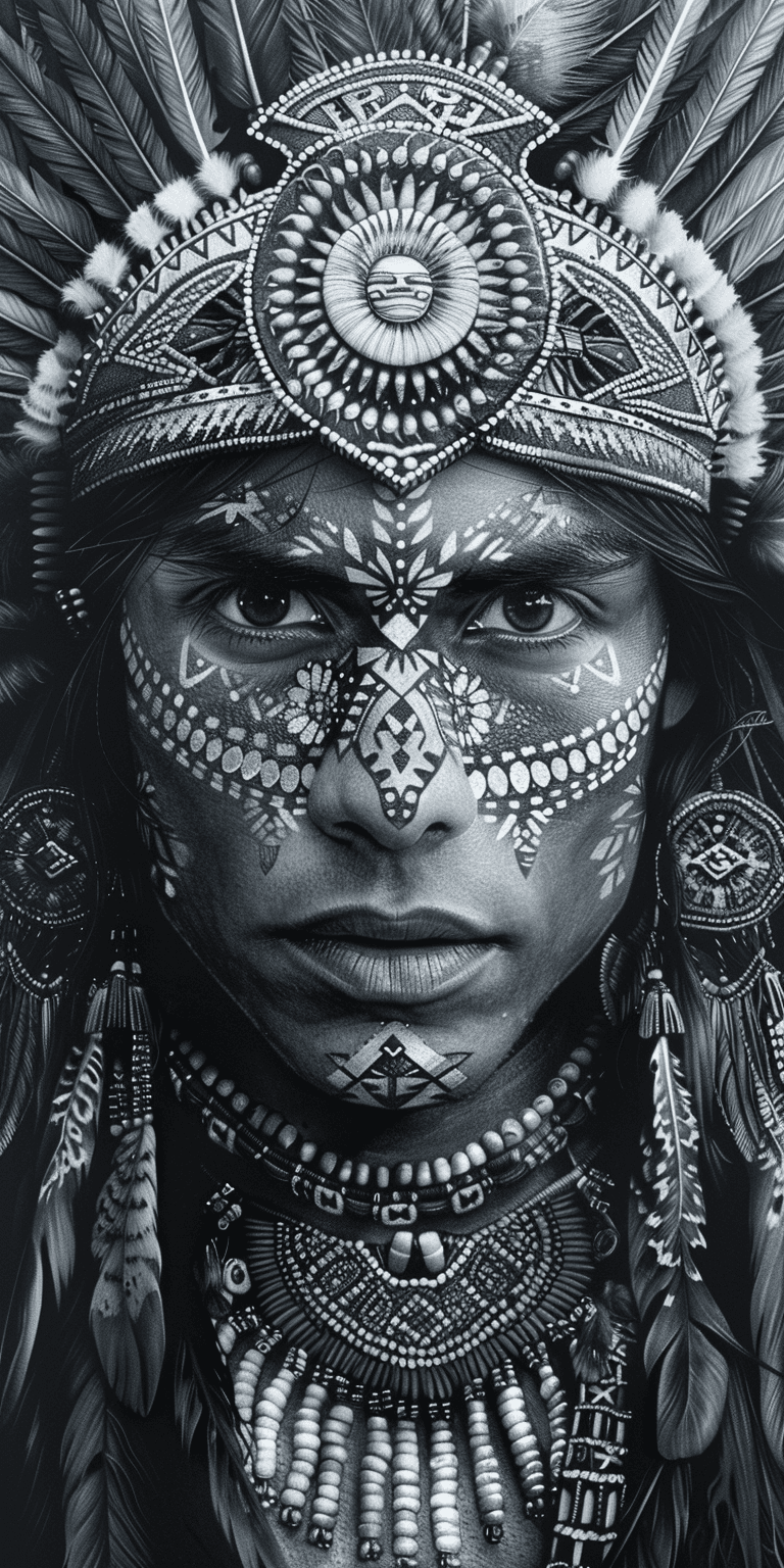 AI generated: A tattoo design of an Aztec Indian in full headdress with intricate patterns and designs, in the sty...