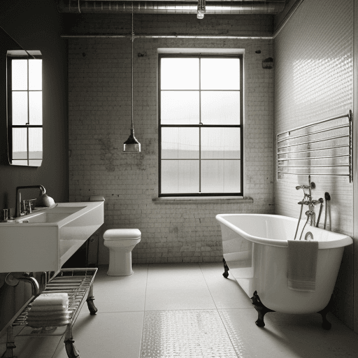 AI generated: , bathroom in industrial style, bright and fresh lighting High resolution photography interior.

