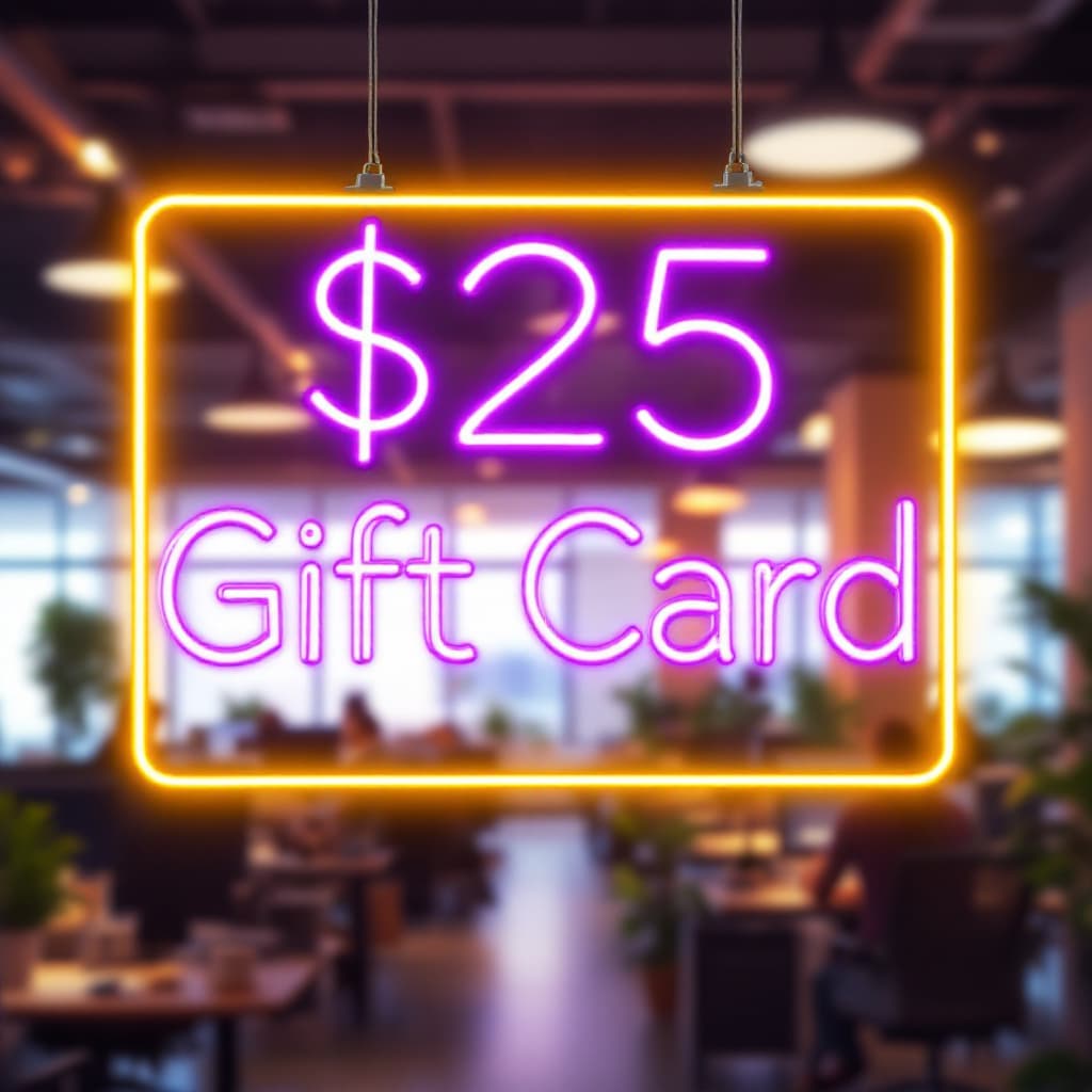 AI generated: Create an image of a vibrant neon sign that reads "$25 Gift Card" in bright purple letters. The sign...
