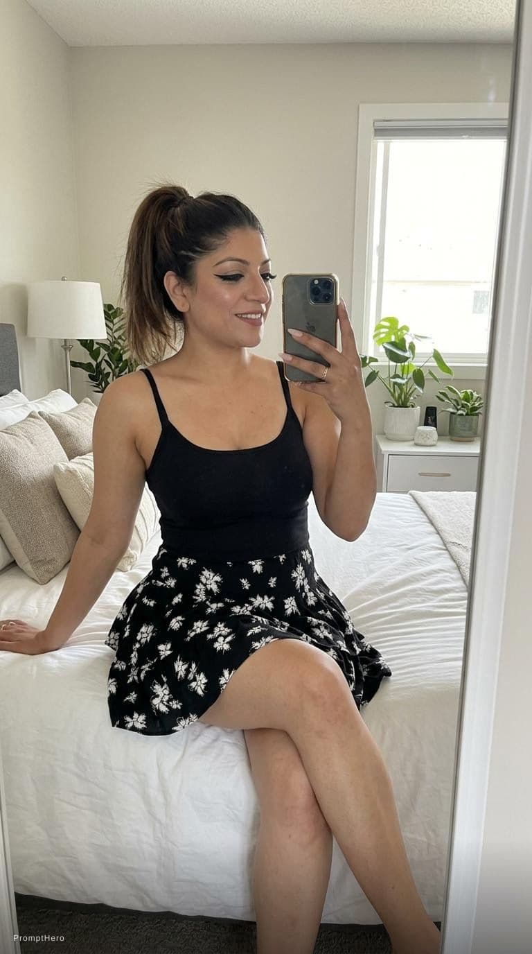 AI generated: Sitting on a bed taking a mirror selfie, ponytail hairstyle, add sharp eyeliner, Wearing a camisole ...