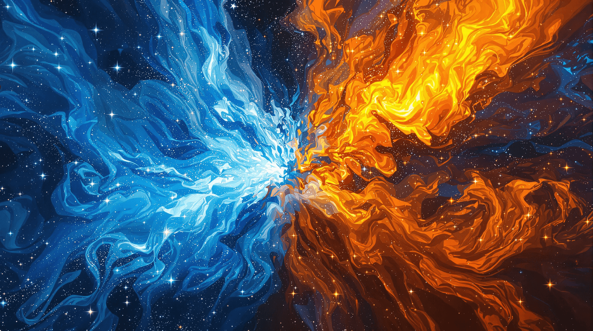 AI generated: A dynamic clash of colors unfolds as swirling formations of deep blue and vibrant orange seem to col...