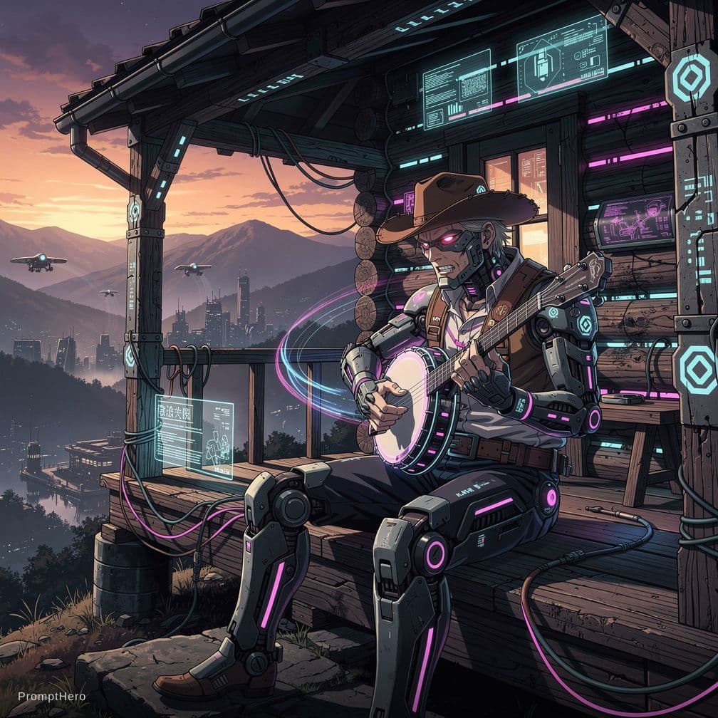 AI generated: a grizzled old cowboy playing the banjo sitting on the porch of a log cabin in the Appalachian mount...