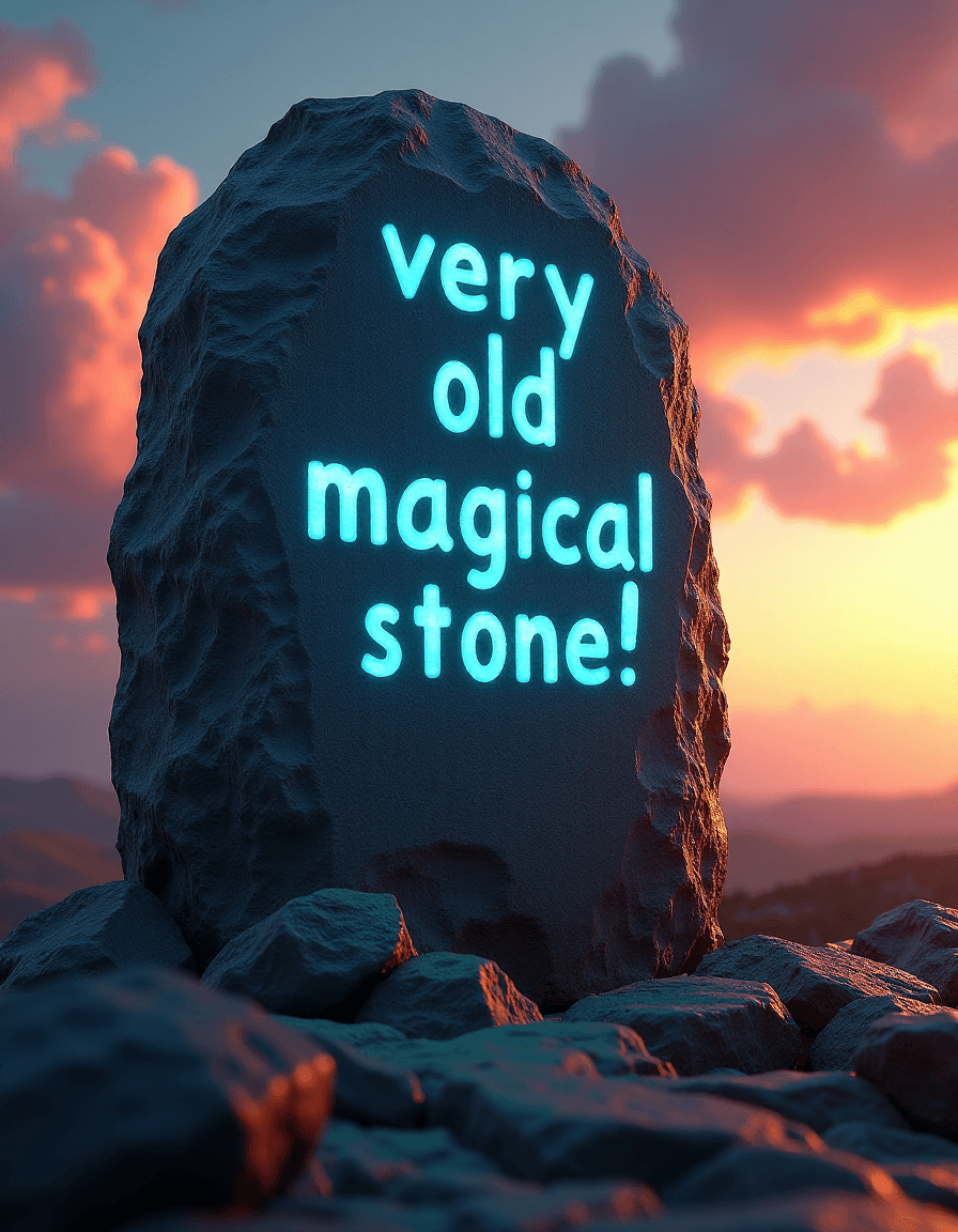 AI generated: intricate detail, (standing stone:1.3) carved with (glowing blue text:1.2) "very old magical stone!"...