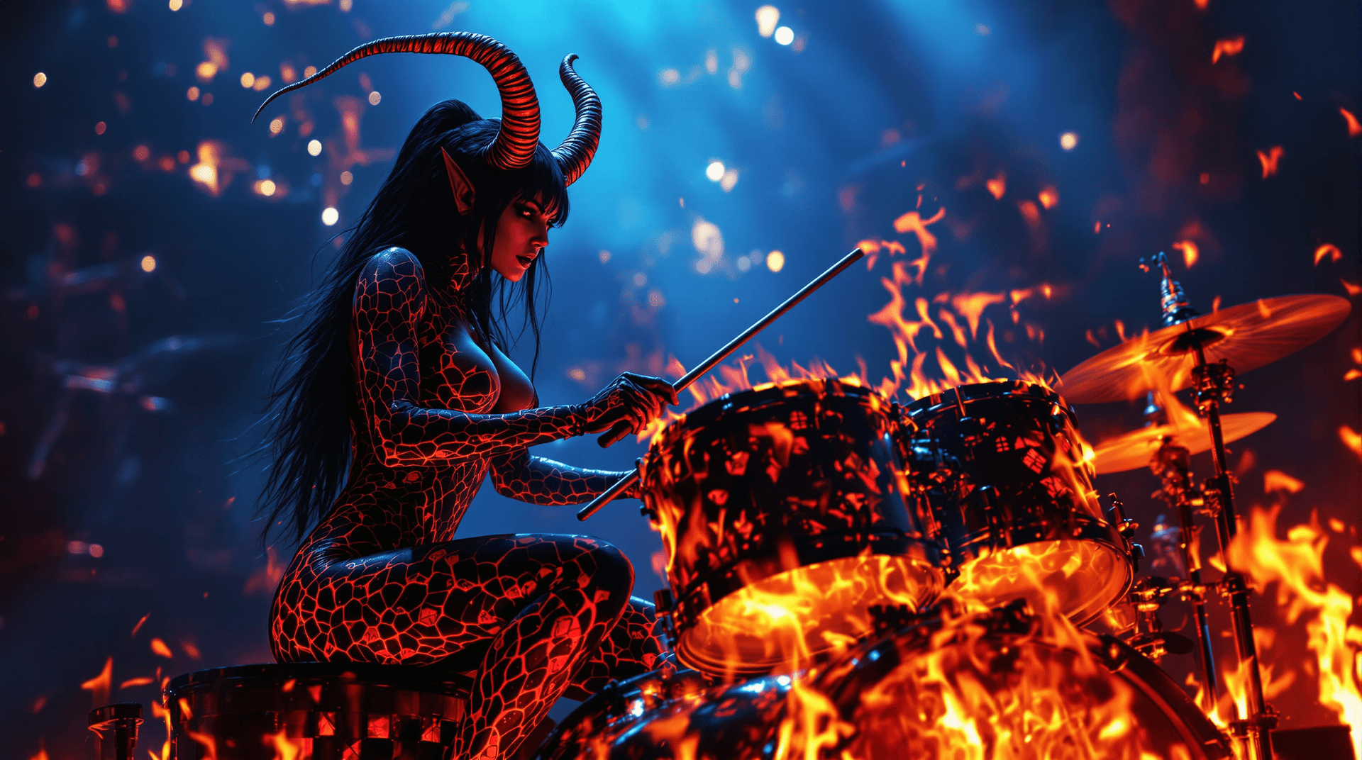 AI generated: Two female demon characters on a dark concert stage:
CHARACTER 1 - LAMAŠKATU (drummer):
A athletic f...