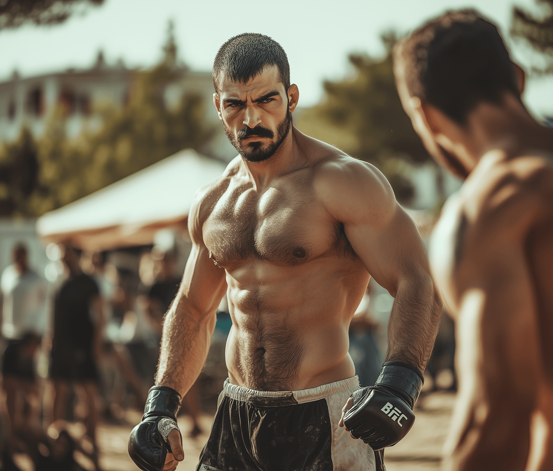 AI generated: full body photo of the handsome Greek MMA fighter, with short black hair and thick mustache, facing ...