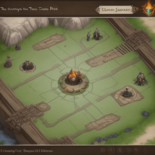 AI generated: create a fire pitch with characters of an RPG are make a plan for a journey, text on the botton that...