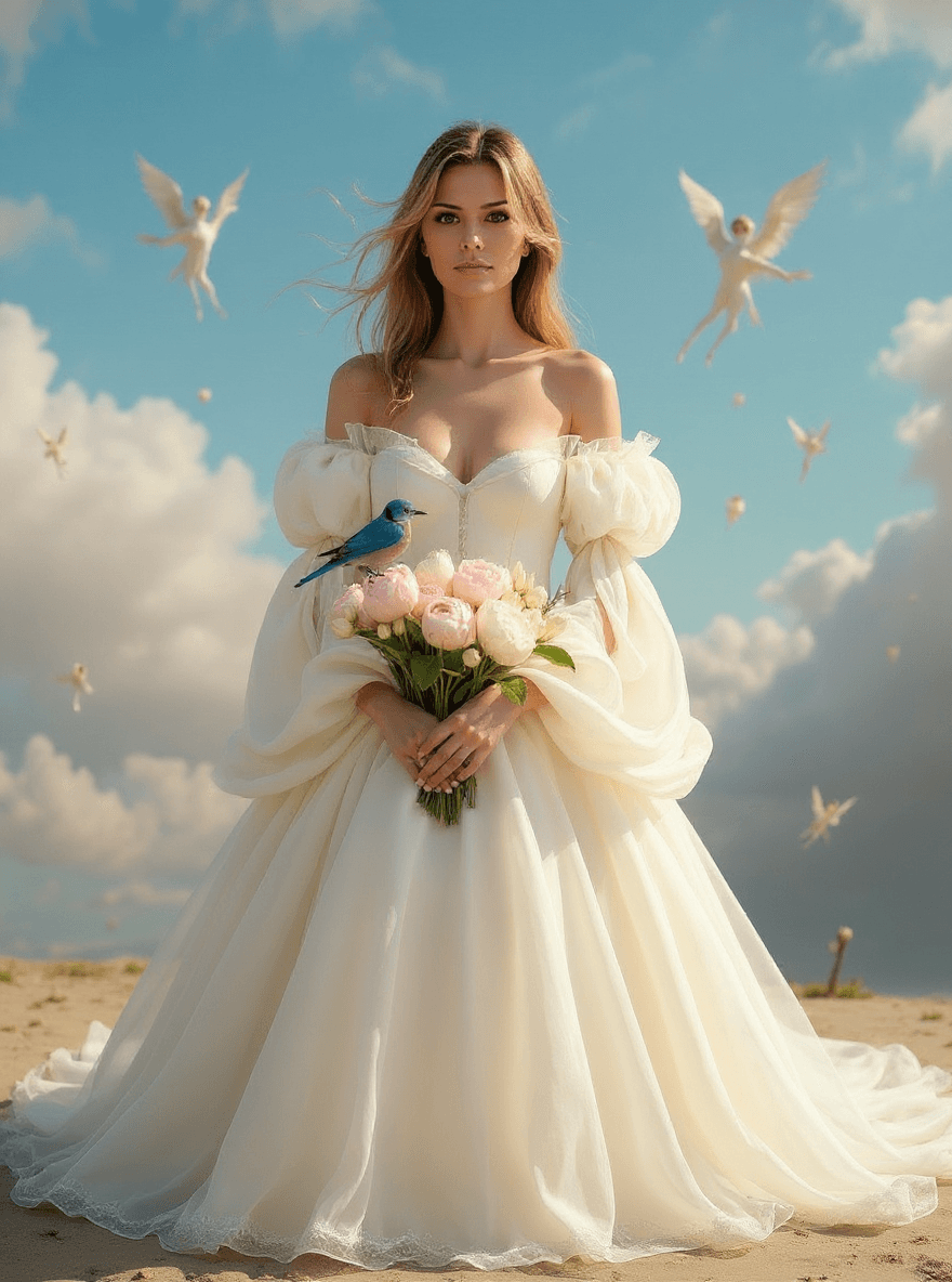 AI generated:  Woman in long luxorios tull dress, light yellow, golden color, the realm of the Air, magical winds ...